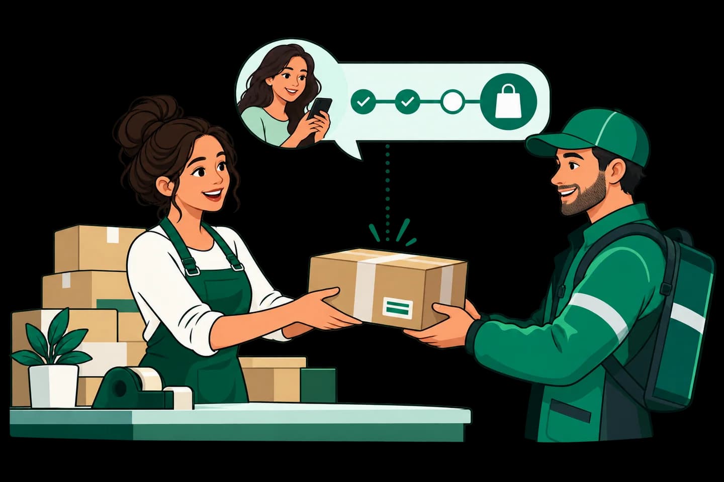 A fulfilment specialist coordinating a parcel handoff and customer order update