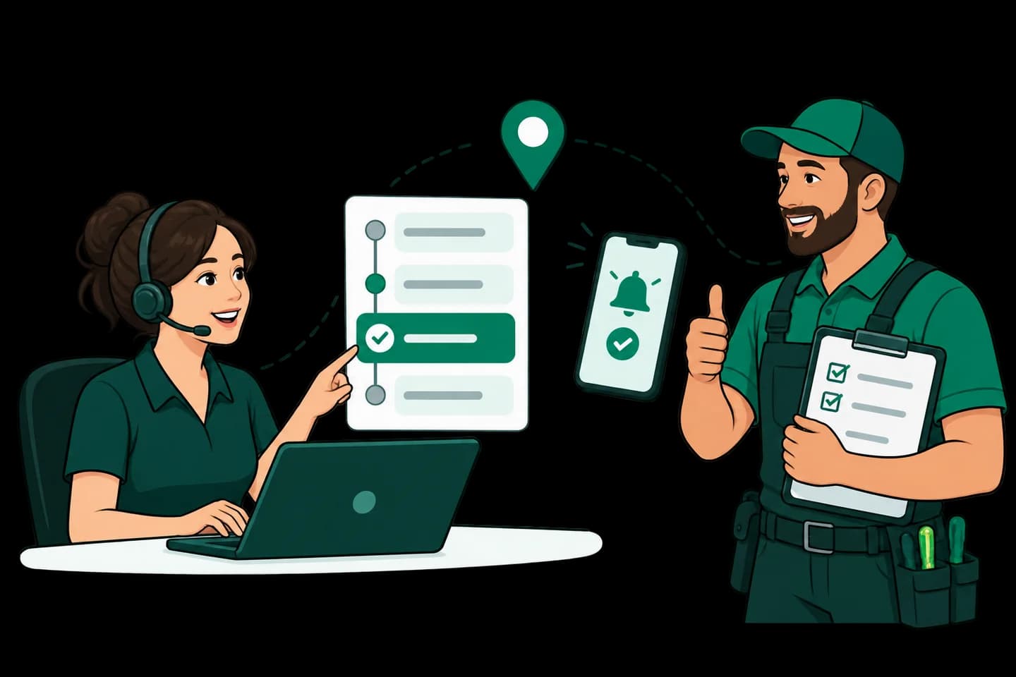A service coordinator and technician tracking a customer appointment