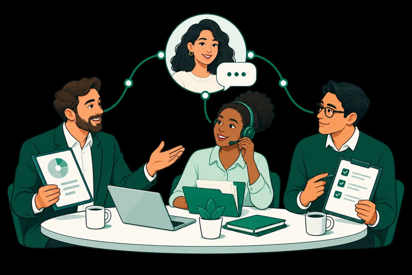 Sales, support and operations specialists coordinating around one customer