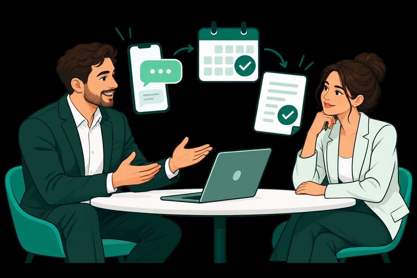 A sales consultant and customer discussing needs and arranging a product demo