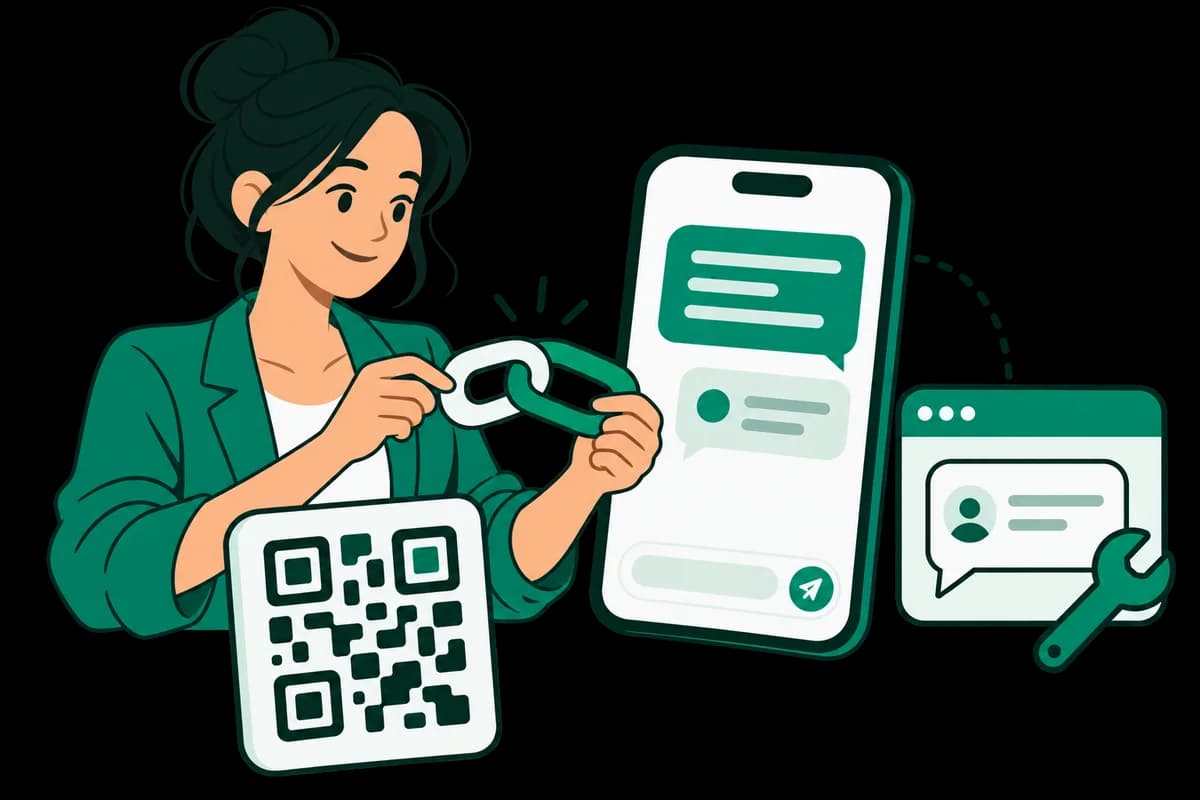 A professional preparing messaging links, QR codes and website chat tools